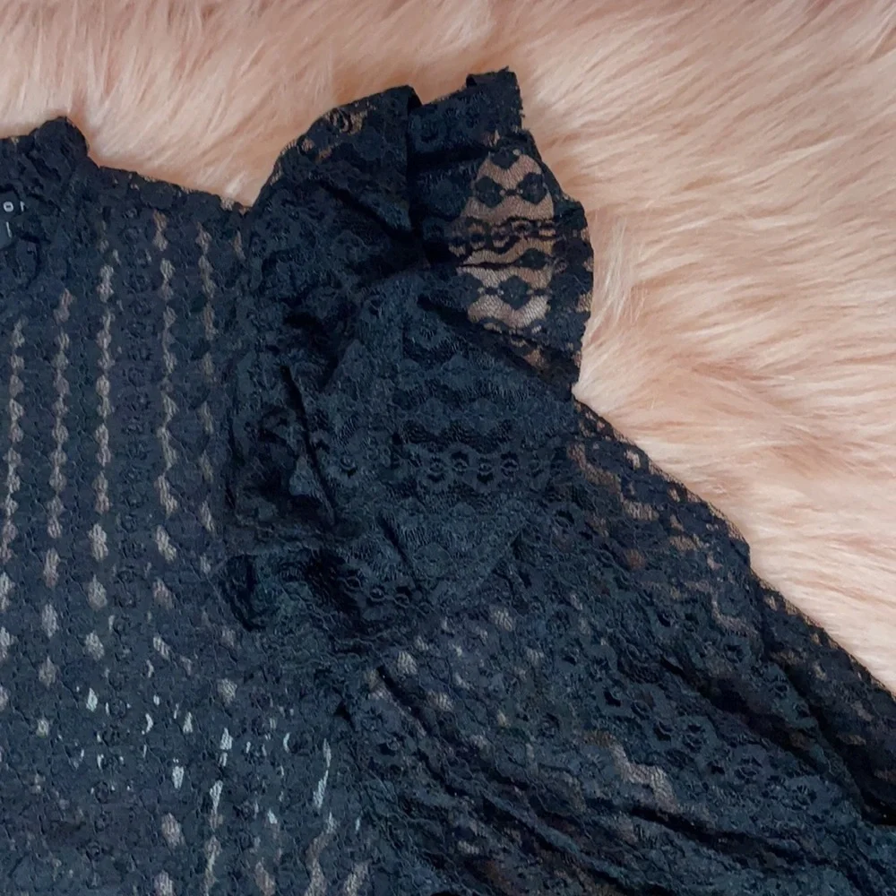 New Trendy Brick Color Sheer Crochet Mock Neck Long Sleeve Blouse